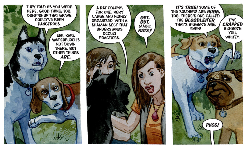 A group of talking animals explaining that a horde of demonic rats are lurking in the ground of a graveyard.
